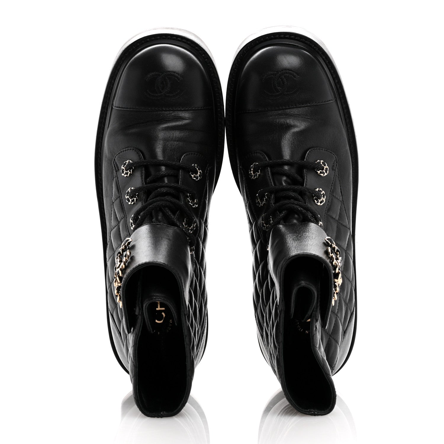 Chanel Shiny Goatskin Calfskin Quilted Lace Up Combat Boots 40 Black 2 of 10