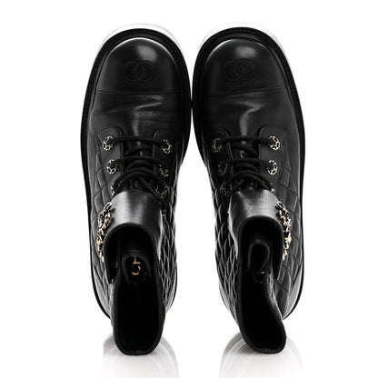 Chanel Shiny Goatskin Calfskin Quilted Lace Up Combat Boots 40 Black 2 of 10