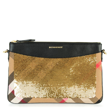 Burberry House Check Sequin Peyton Crossbody Clutch Bag Gold Black 1 of 8