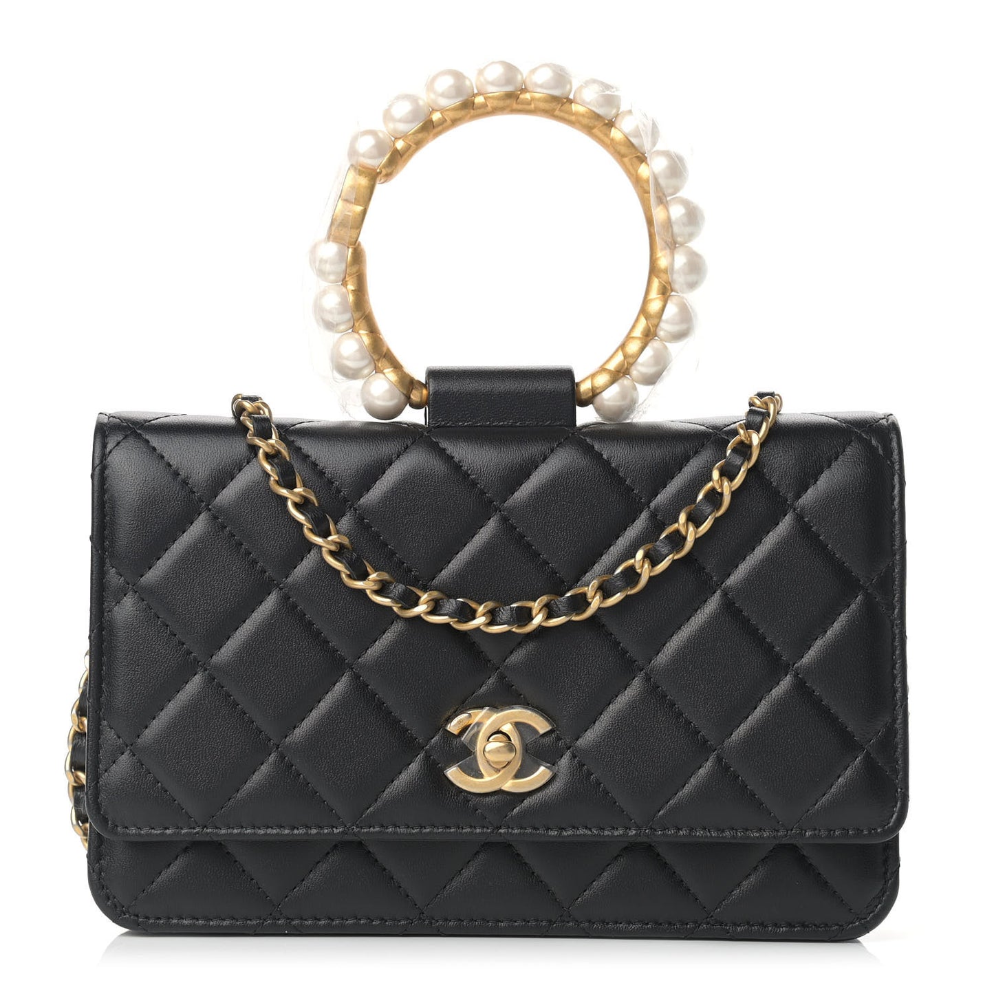 Lambskin Quilted Pearl Crown Wallet On Chain WOC Black