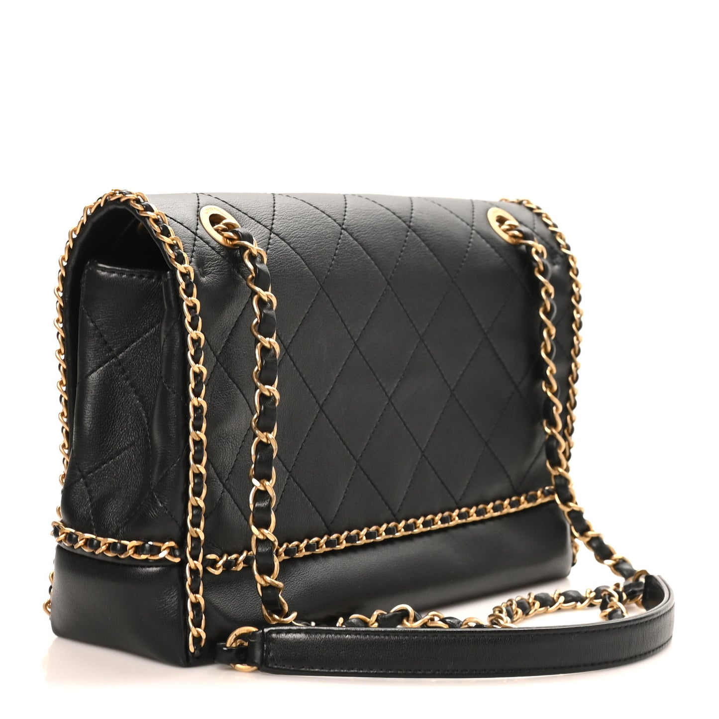 Calfskin Stitched Chain Flap Black