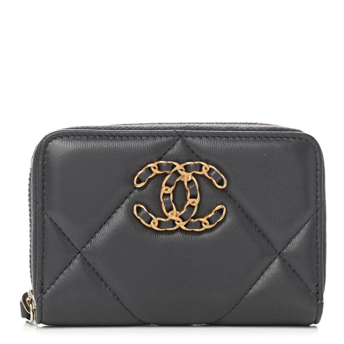 Lambskin Quilted Chanel 19 Zip Around Coin Purse Wallet Dark Grey