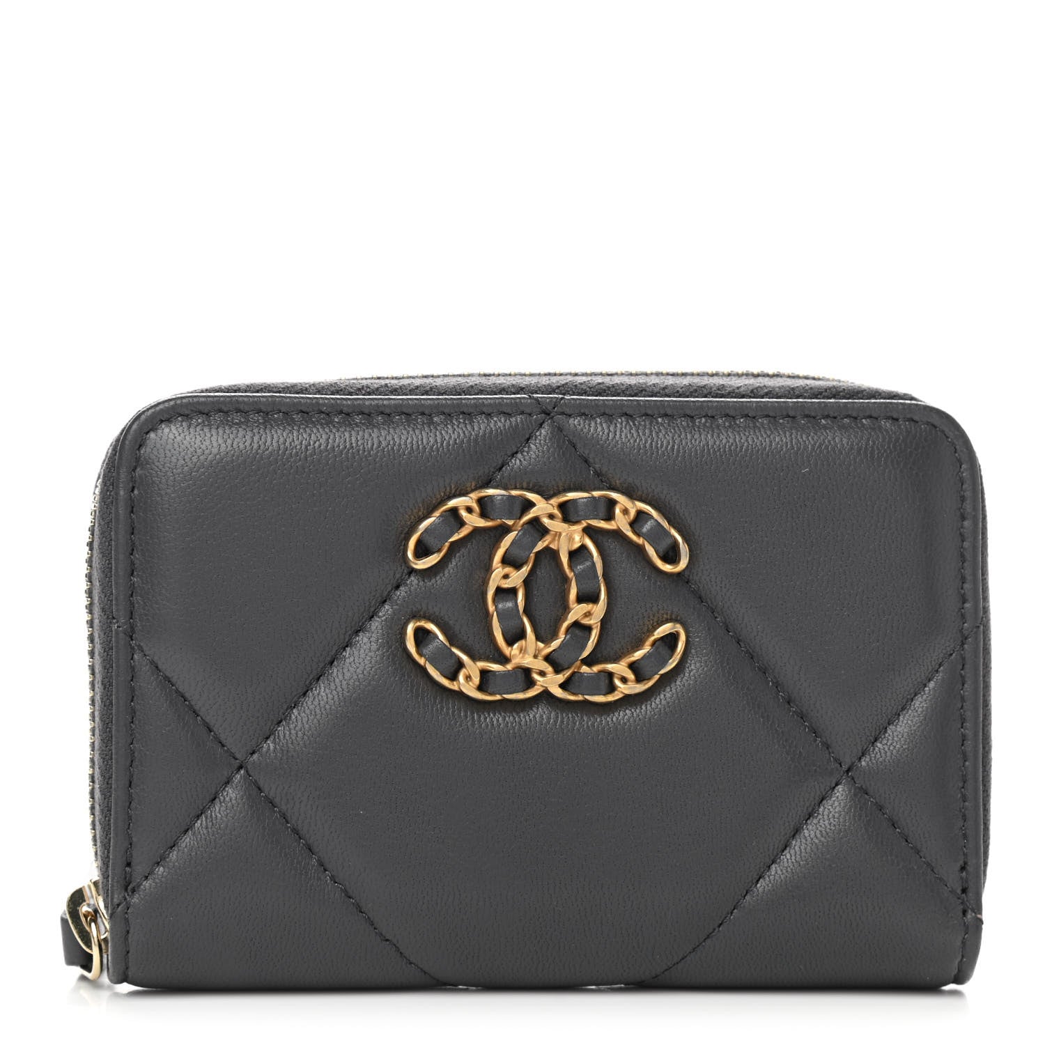 Chanel Lambskin Quilted Chanel 19 Zip Around Coin Purse Wallet Dark Grey 1 of 8