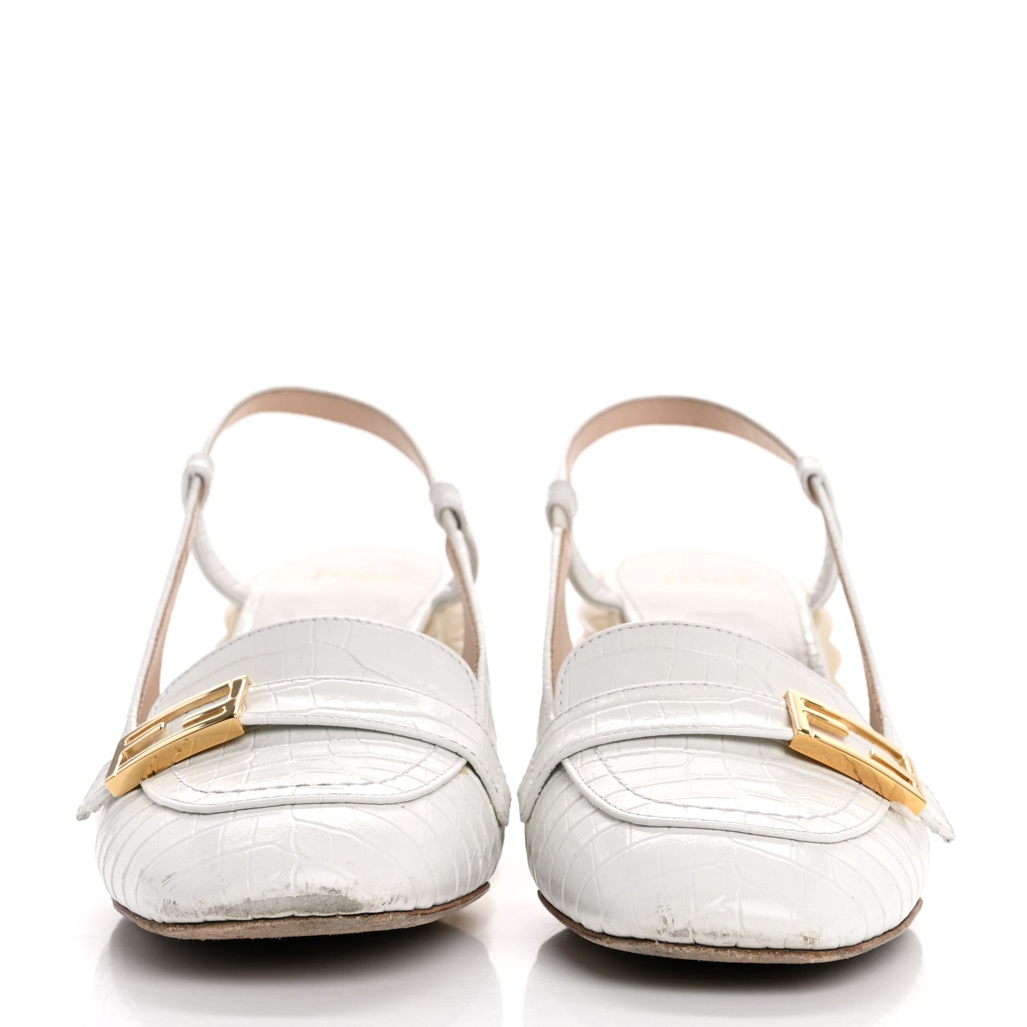 Fendi Calfskin Crocodile Embossed Promenade Slingback Loafer Pumps 36.5 White 3 of 13
