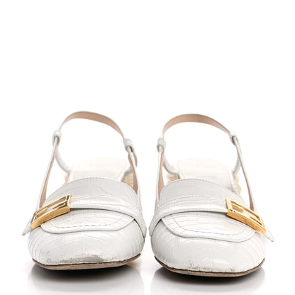 Fendi Calfskin Crocodile Embossed Promenade Slingback Loafer Pumps 36.5 White 3 of 13