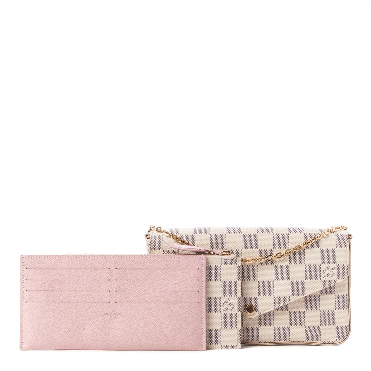Damier Azur Pochette Felicie Chain Wallet Rose Ballerine