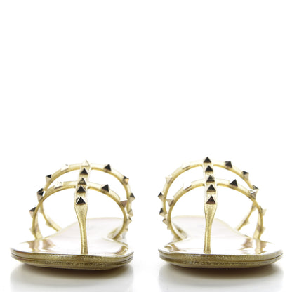 Valentino Garavani PVC Jelly Glitter Rockstud Caged Flat Thong Sandals 40 Oro 2 of 9