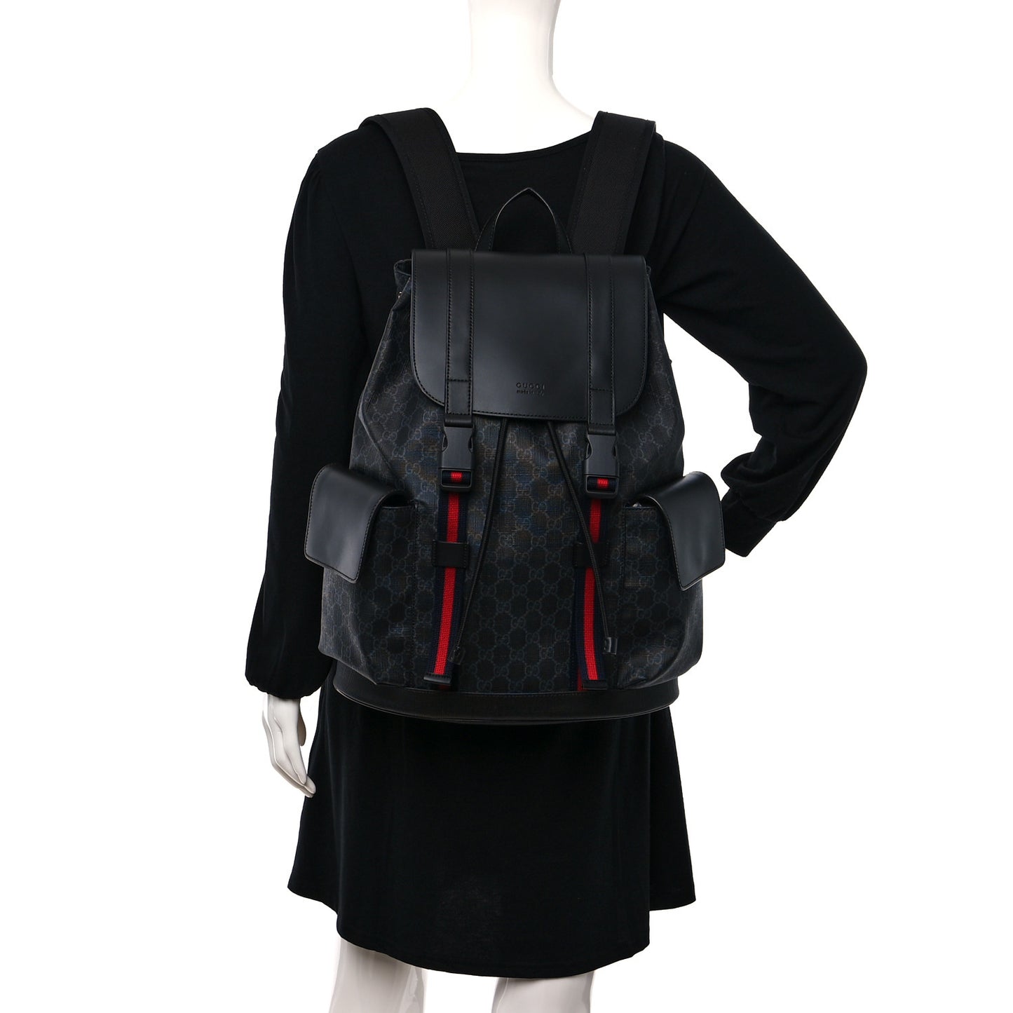 Soft GG Supreme Monogram Calfskin Web Double Buckle Backpack Black