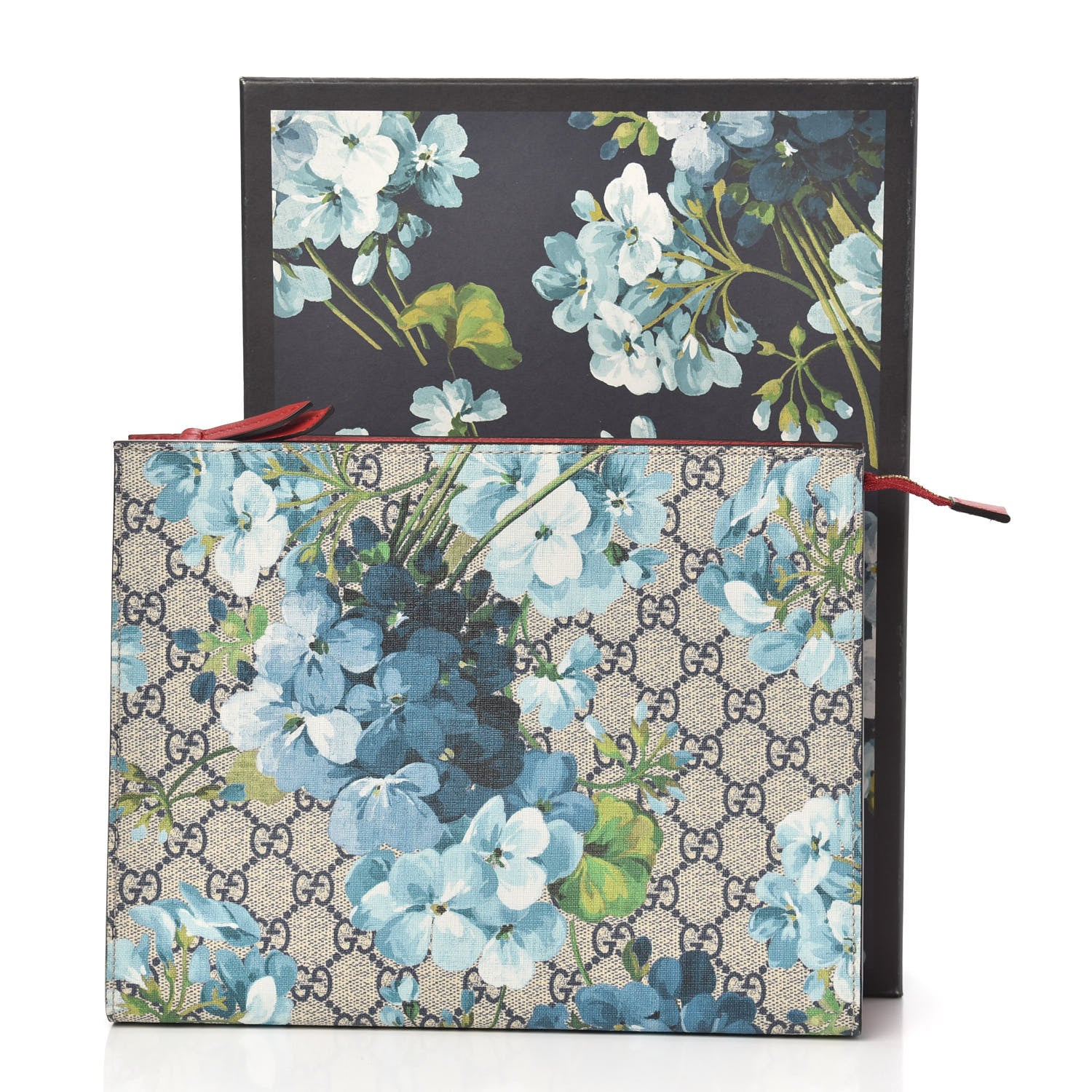 Gucci GG Supreme Monogram Blooms Large Cosmetic Case Beige Blue Navy Hibiscus Red 10 of 10