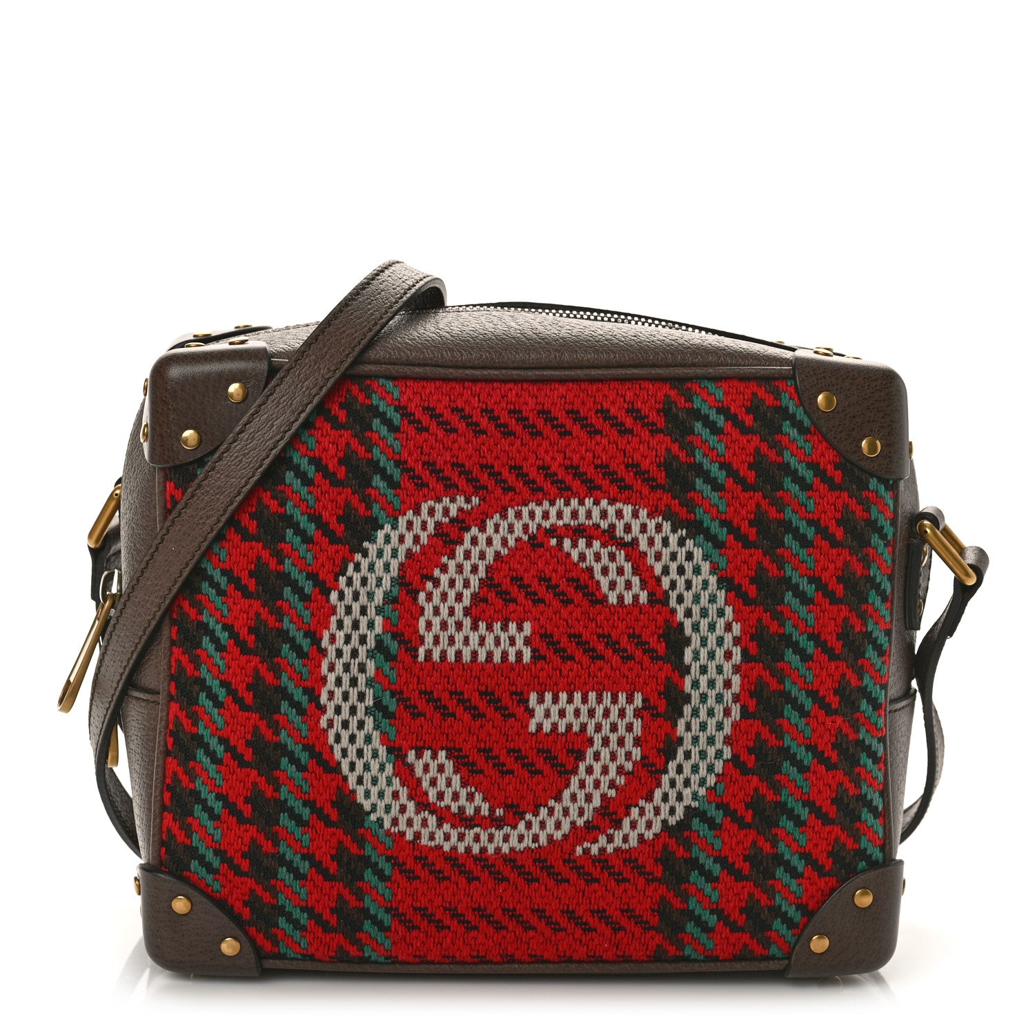 Gucci Cotton Wool Textured Calfskin Houndstooth Woven Square Messenger Bag Red Green Ivory Multicolor New Acero 1 of 9