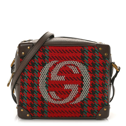 Gucci Cotton Wool Textured Calfskin Houndstooth Woven Square Messenger Bag Red Green Ivory Multicolor New Acero 1 of 9