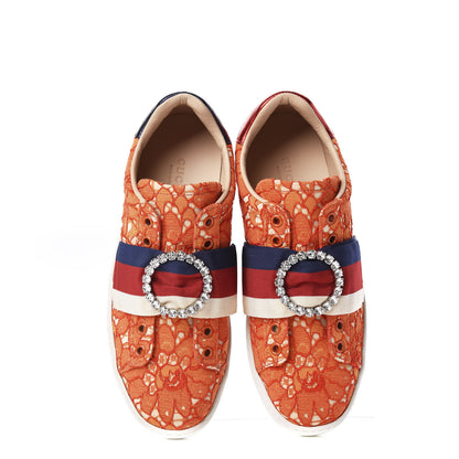 Gucci Lace Crystal Sylvie Web Flower Leaf Womens Ace Sneakers 35.5 Hot Orange Tan Beige 6 of 11