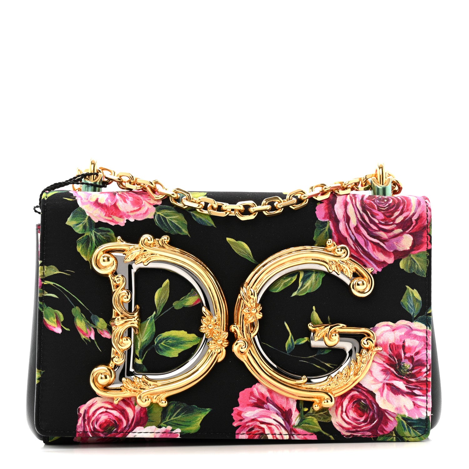 DOLCE&GABBANA パーティ　バッグ　DG girls Dolce & Gabbana Calfskin Satin Floral Print DG Girls Bag Black