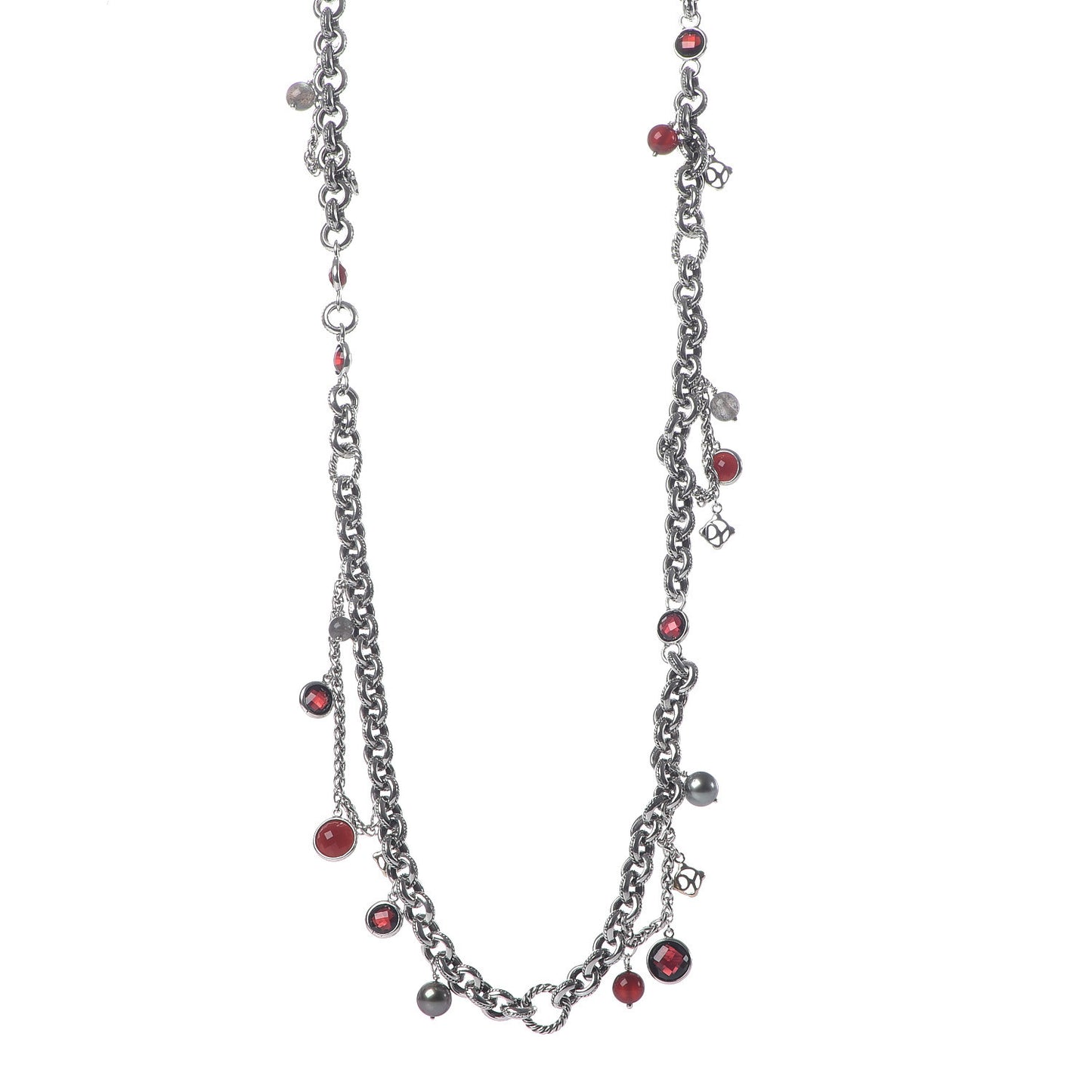 Sterling Silver 18K Yellow Gold Garnet Carnelian Pearl Labradorite Moonstone Cable Charms Necklace