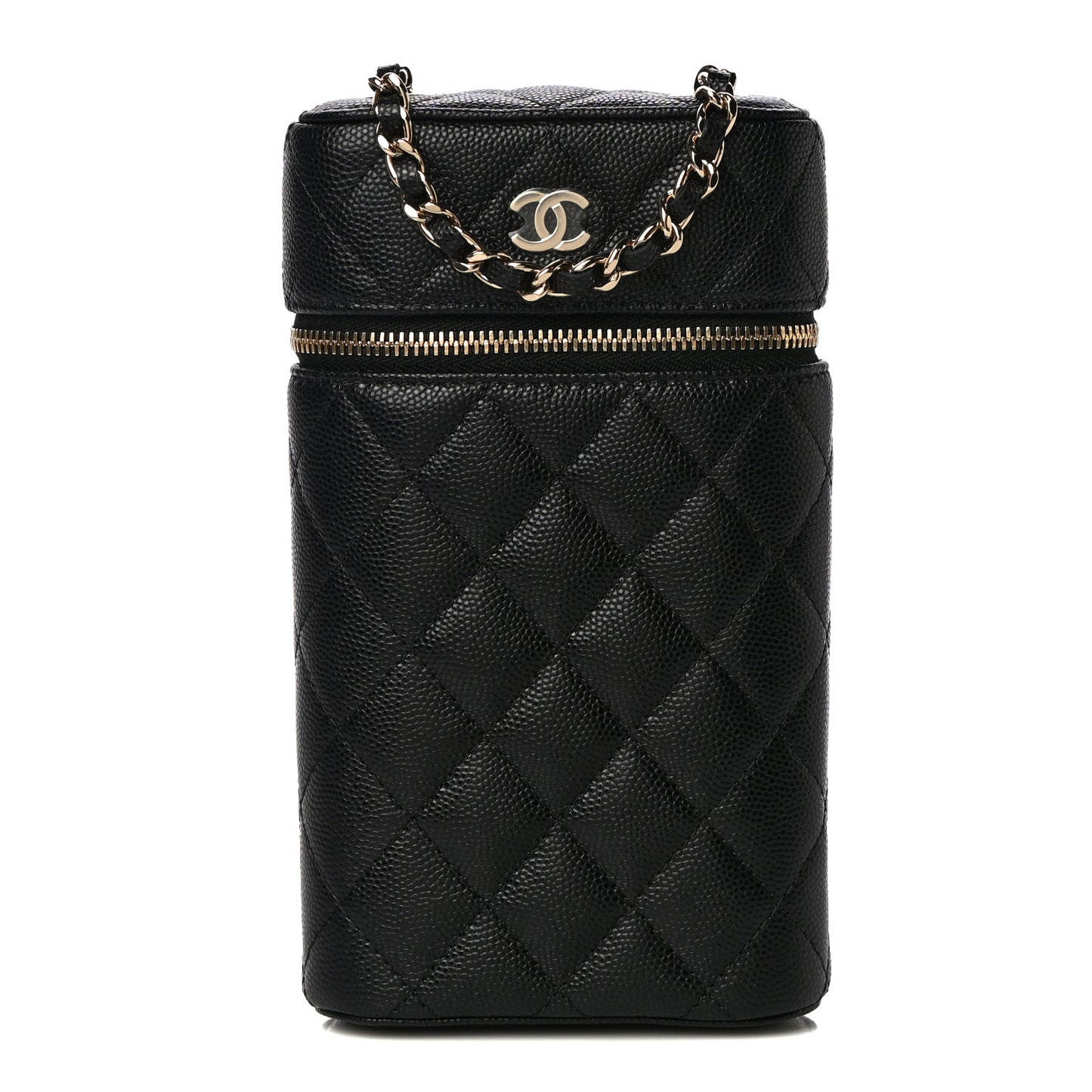 Caviar Quilted Phone Holder With Chain Black