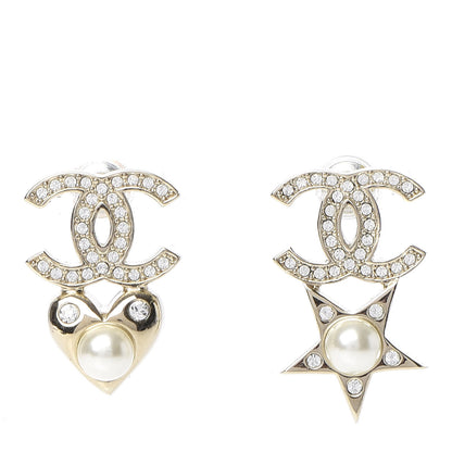 Chanel Crystal Pearl Charming Winter CC Star Heart Earrings Gold 1 of 4