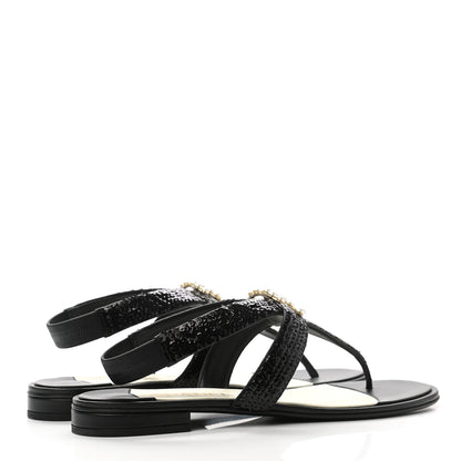 Chanel Lambskin Sequin Pearl CC Thong Sandals 41 Black 4 of 8
