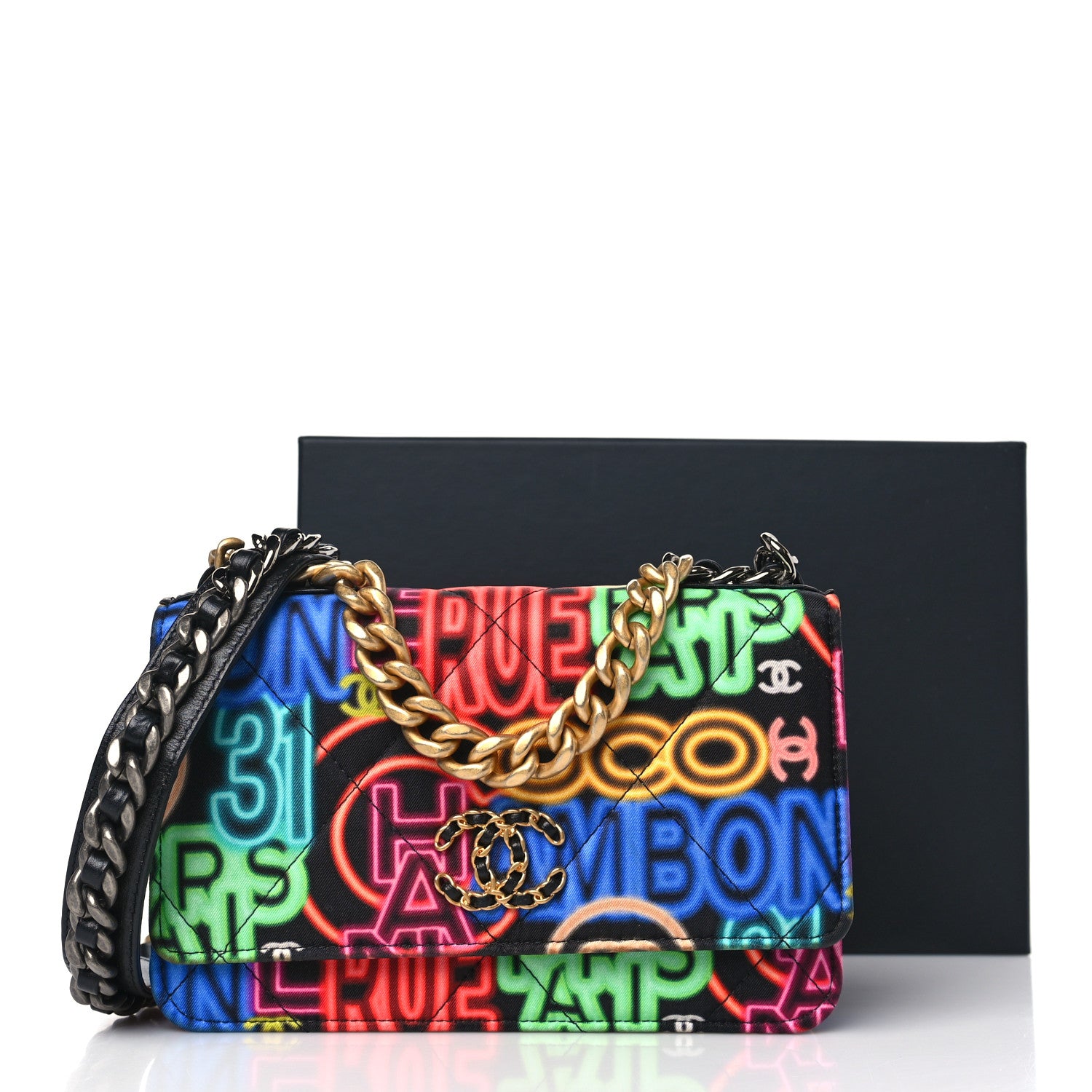 Chanel Fabric Printed Chanel 19 Wallet On Chain WOC Black Multicolor 10 of 10
