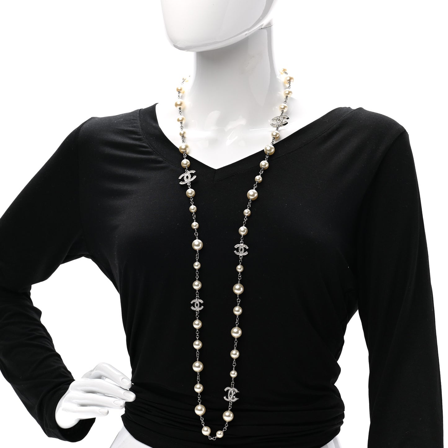 Graduated Pearl Crystal CC Long Necklace Silver