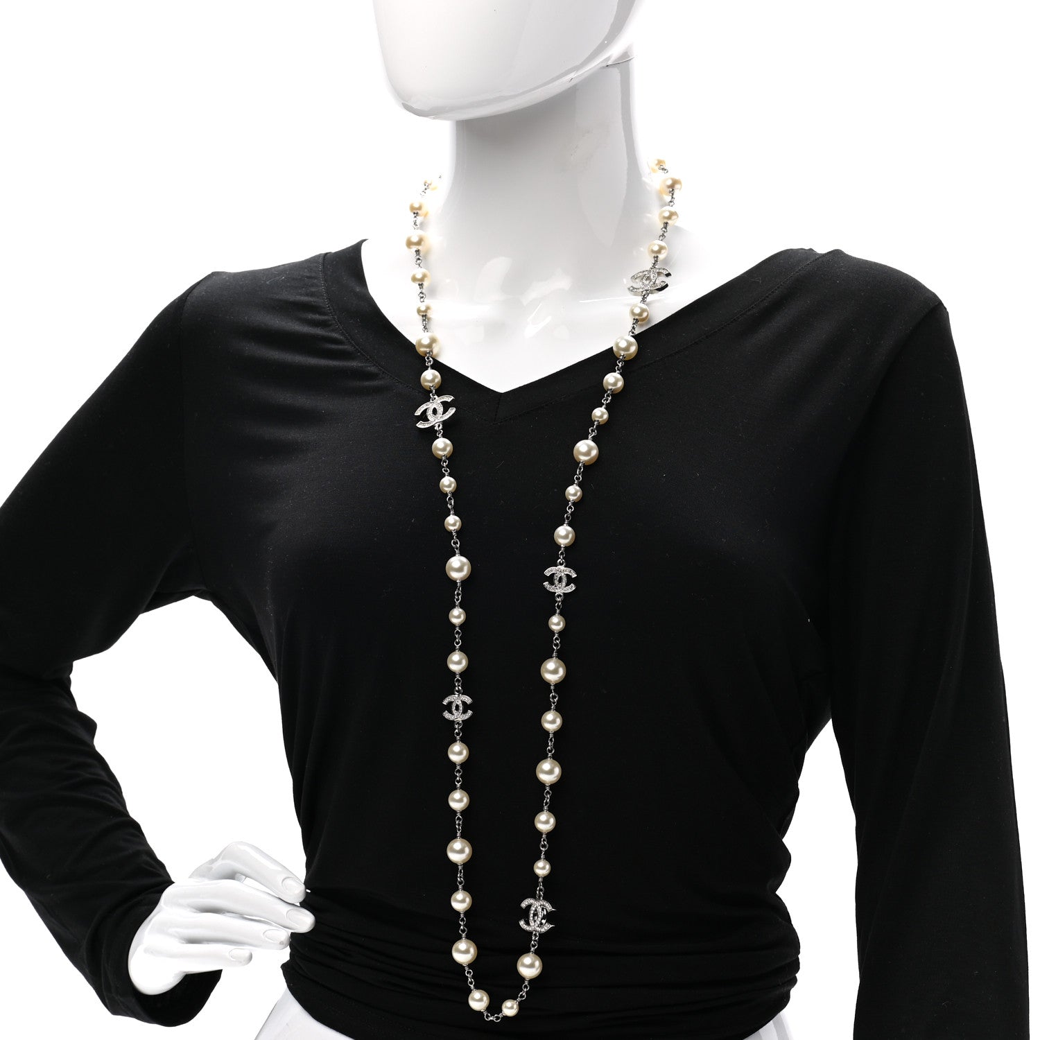 Chanel Graduated Pearl Crystal CC Long Necklace Silver 2 of 7