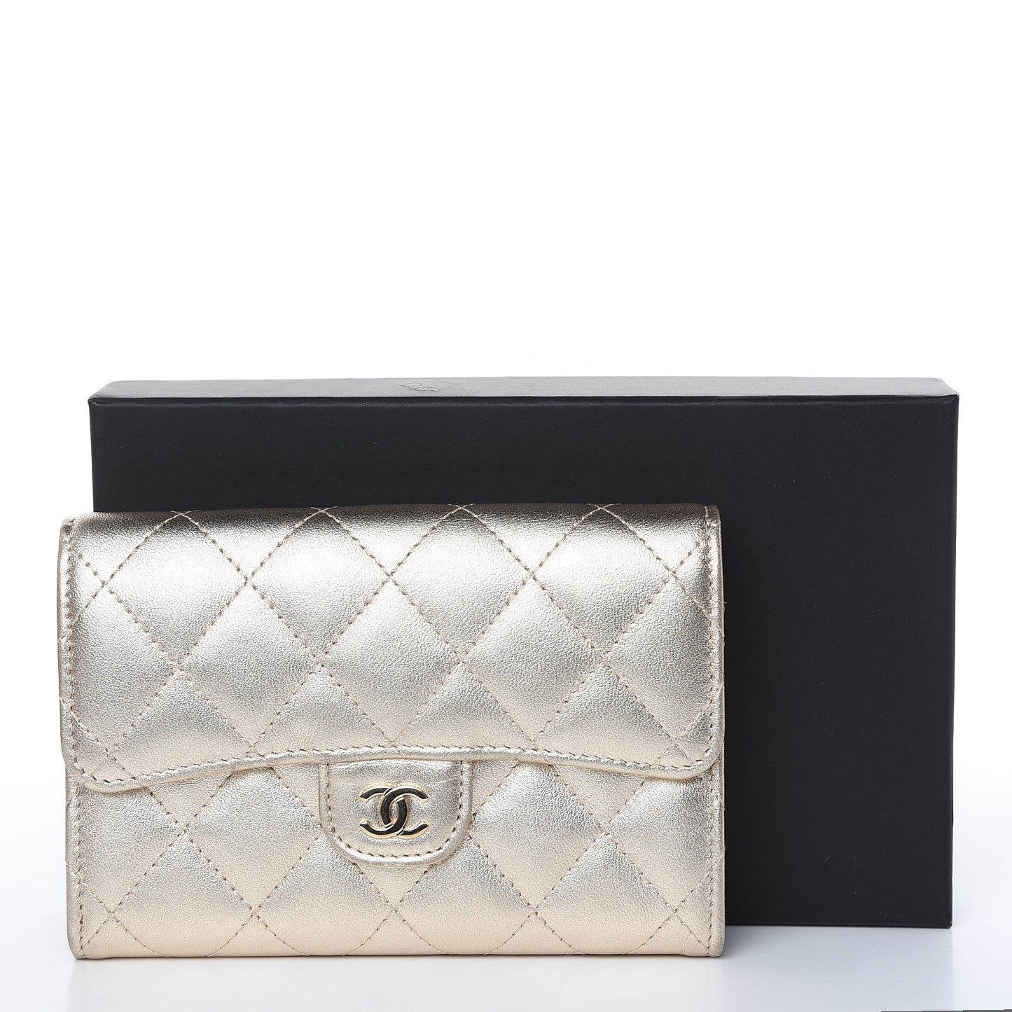 Metallic Lambskin Quilted Small Flap Wallet Pale Gold