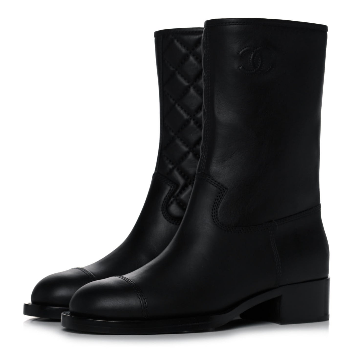 Calfskin Quilted CC Logo Mid Calf Boots 39 Black