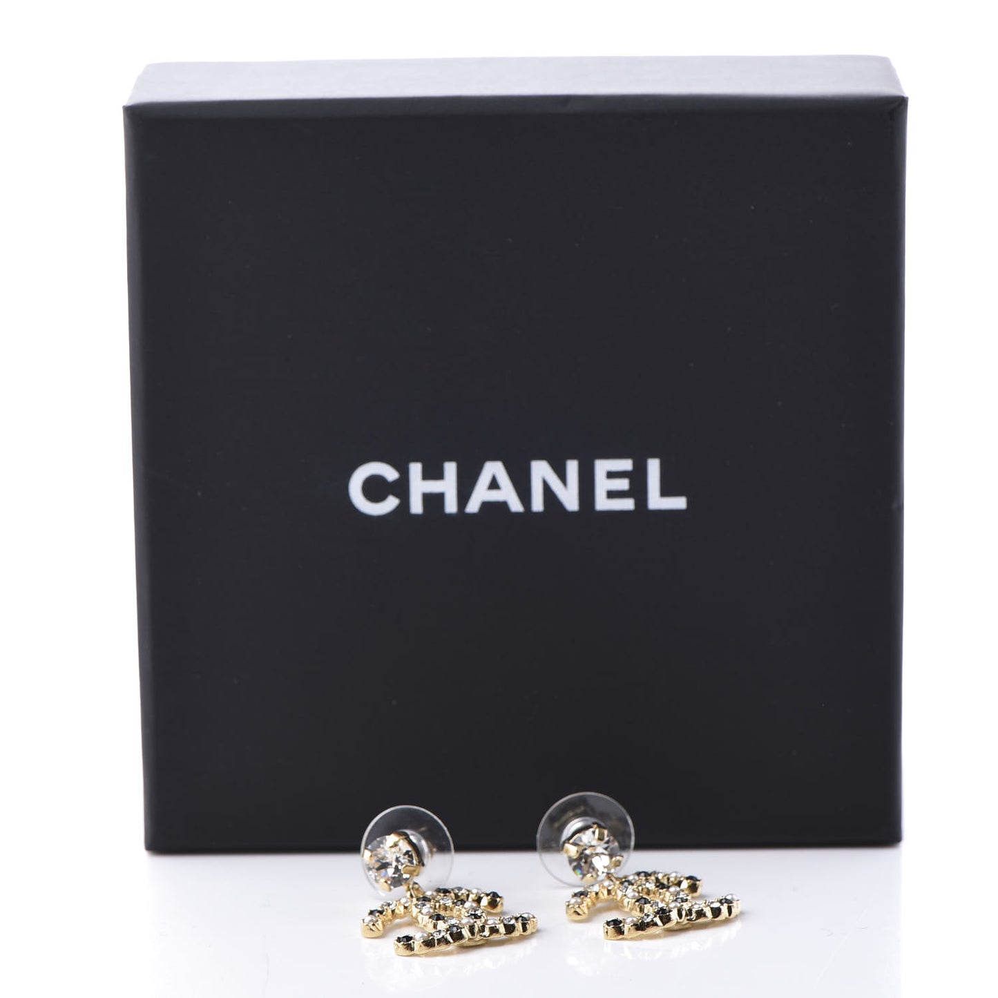 Resin Crystal Pearl CC Drop Earrings Gold Black