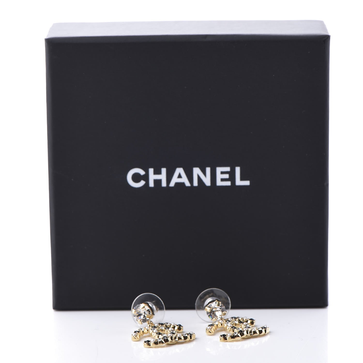 Chanel Resin Crystal Pearl CC Drop Earrings Gold Black 5 of 5
