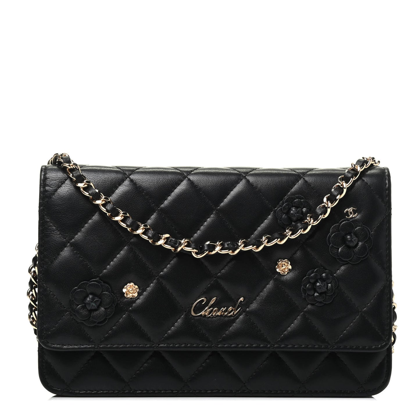 Lambskin Camellia Wallet on Chain WOC Black