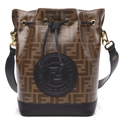 Fendi Glazed Fabric Vitello Grace F is Fendi FF 1974 Stamp Patch Grande Mon Tresor Bucket Bag Mogano Panna Black 1 of 9