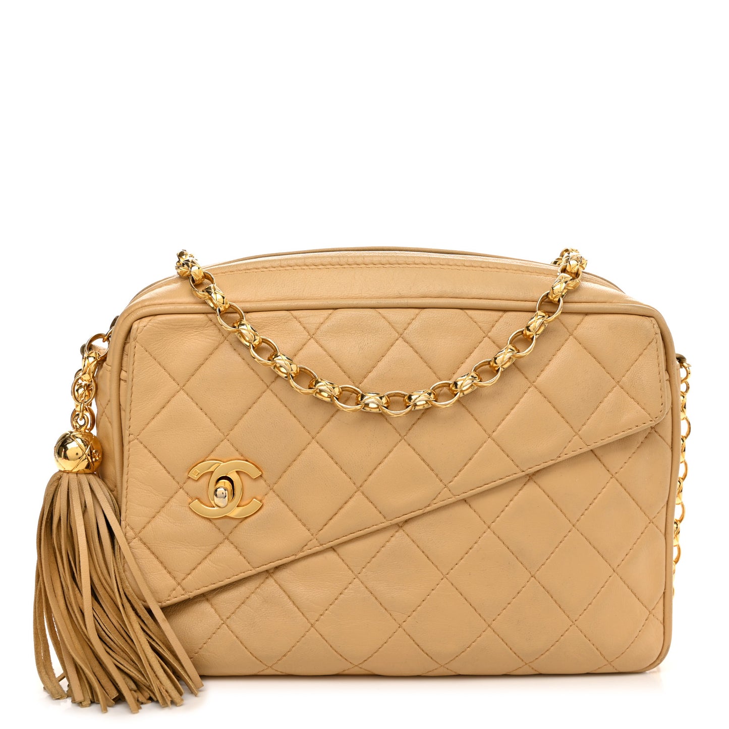 Lambskin Quilted Tassel Flap Camera Case Beige