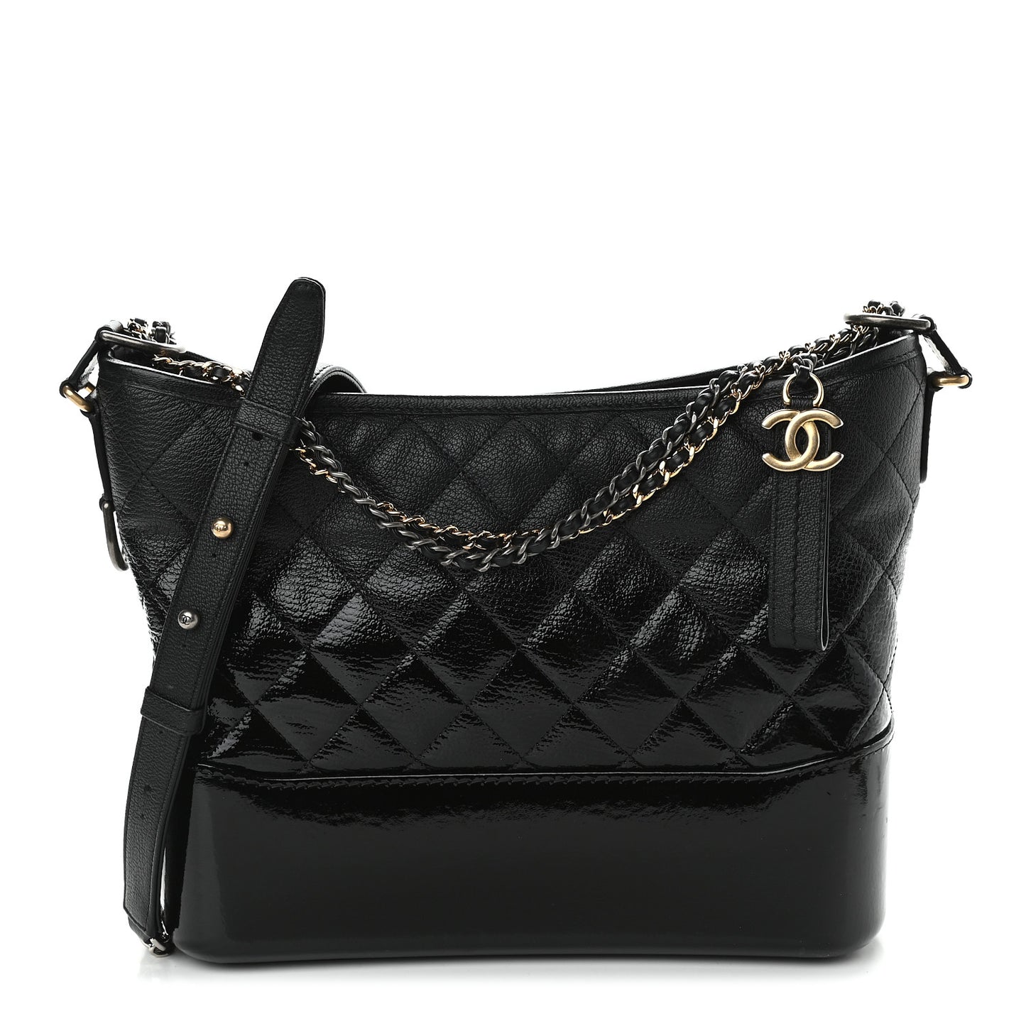 Patent Goatskin Quilted Medium Gabrielle Hobo Black