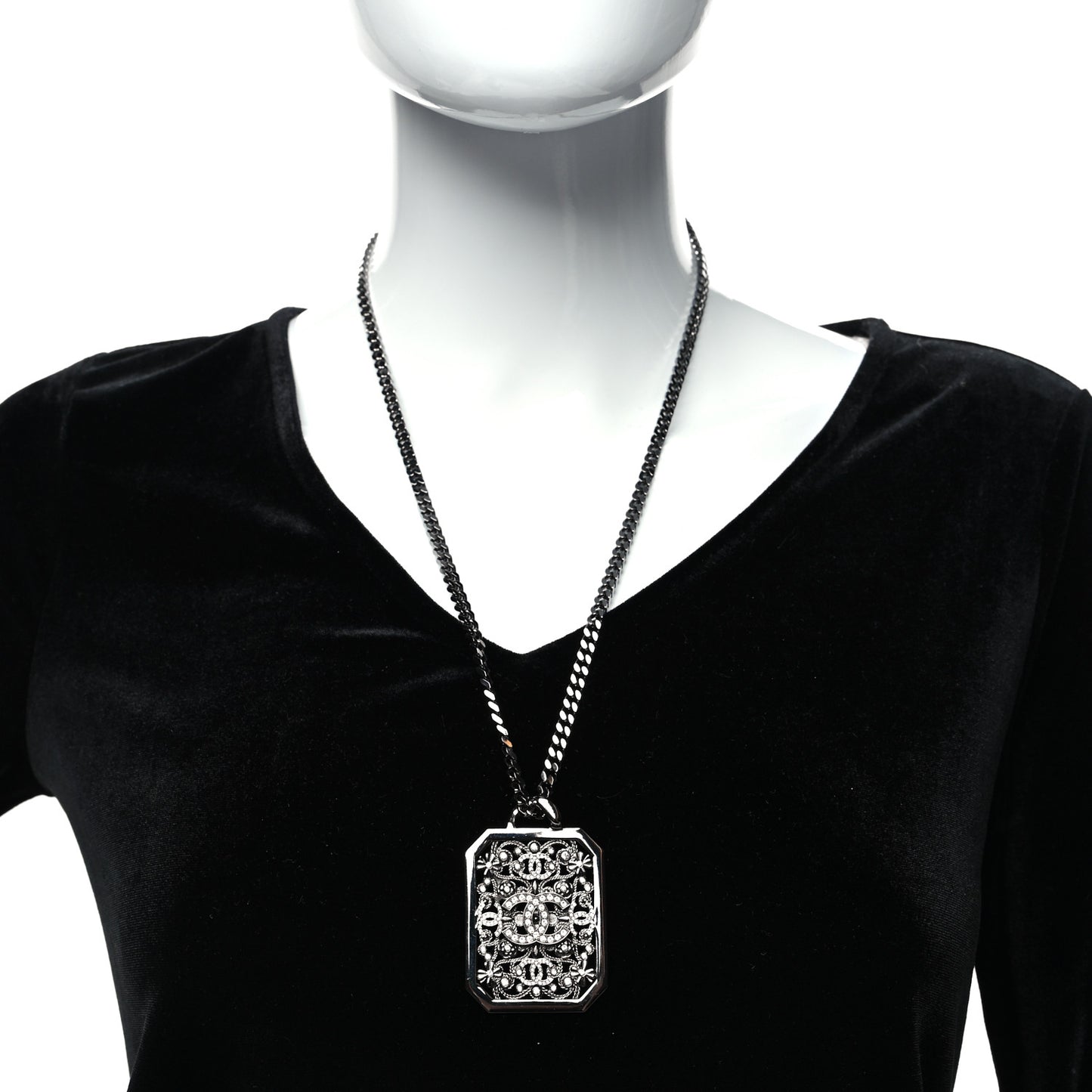 Crystal Strass CC Pendant Necklace Silver