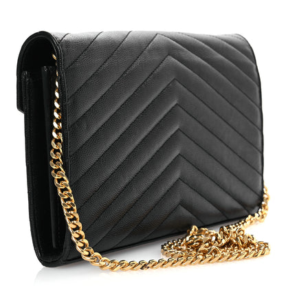 Saint Laurent Grain De Poudre Matelasse Chevron Monogram Chain Wallet Black 3 of 19