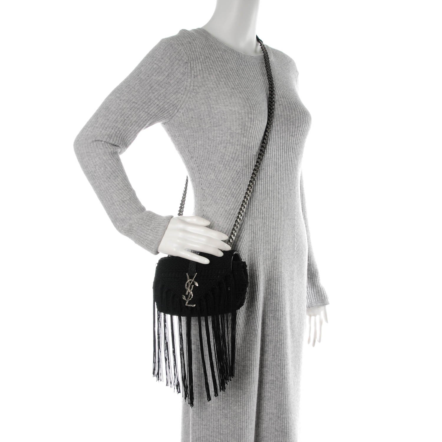 Saint Laurent Calfskin Crochet Baby Monogram Chain Satchel Black 2 of 8
