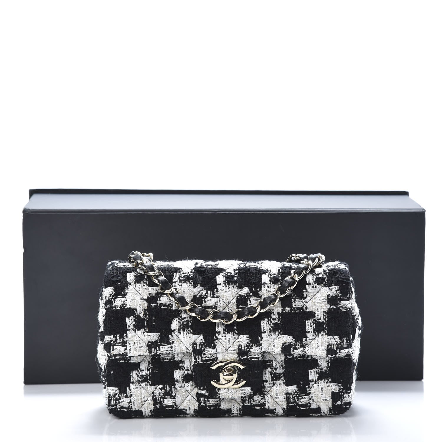 Chanel Tweed Quilted Mini Rectangular Flap Black Ecru White 12 of 12