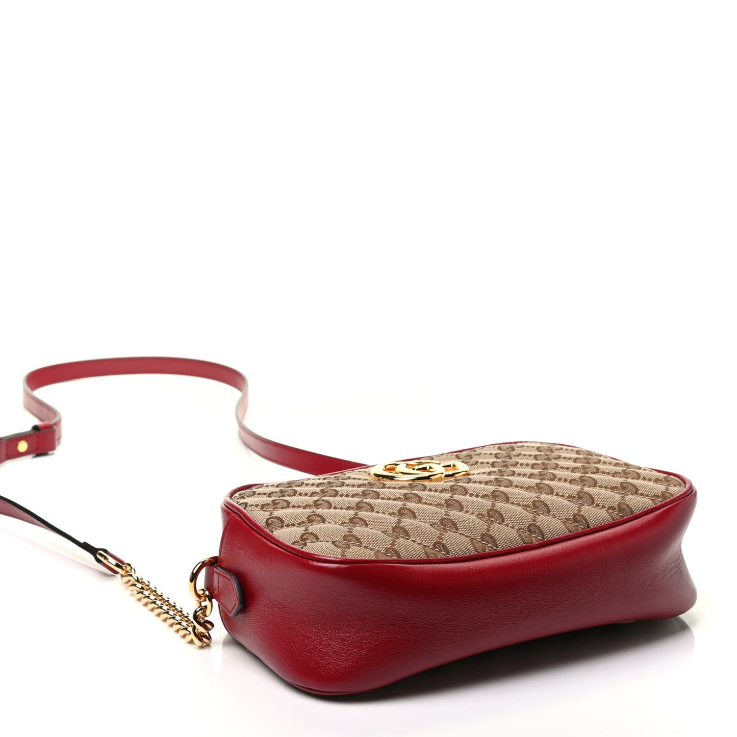 Monogram Azalea Calfskin Matelasse Diagonal Small GG Marmont Chain Shoulder Bag Beige Ebony New Cherry Red