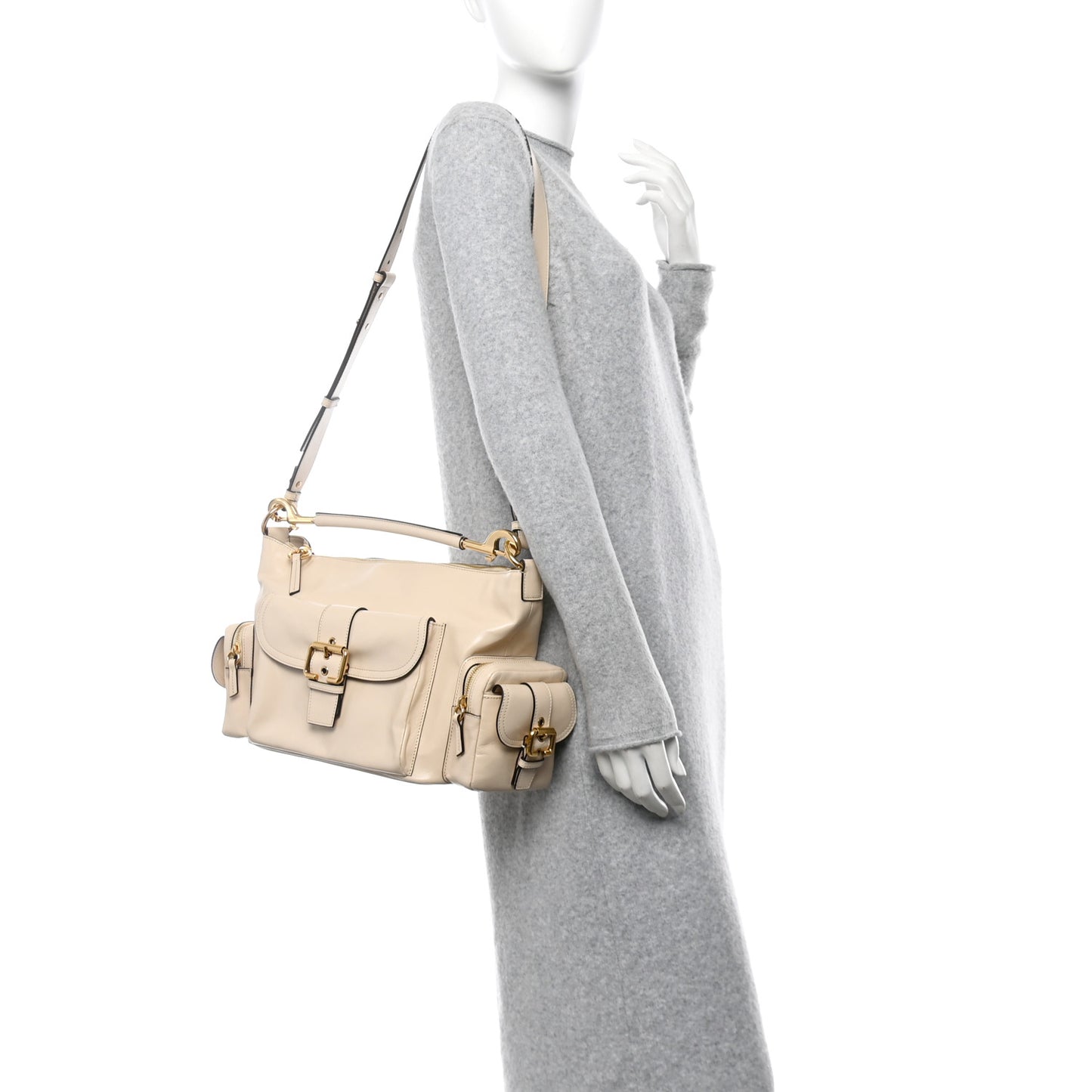 Shiny Calfskin Medium Double Carrry Camera Bag Sweet Beige