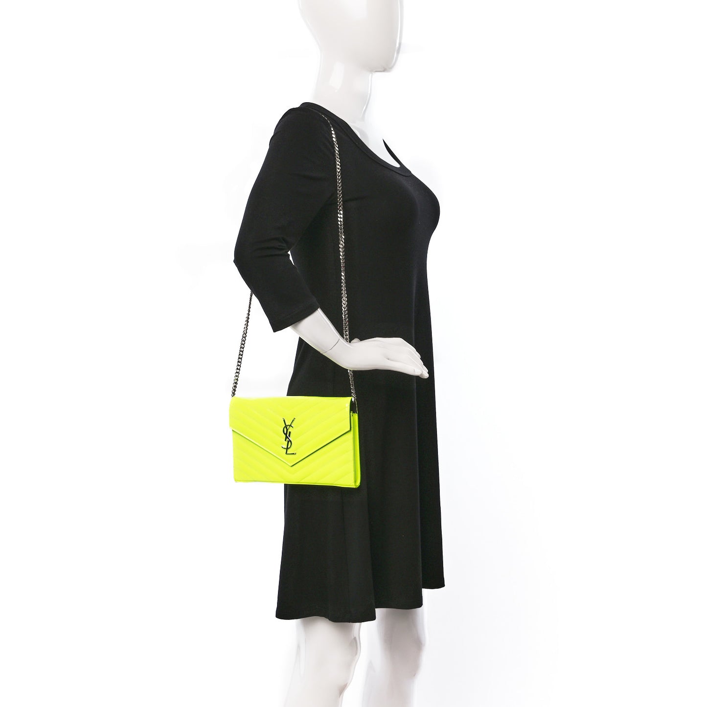 Patent Grain De Poudre Matelasse Chevron Monogram Chain Wallet Neon Yellow