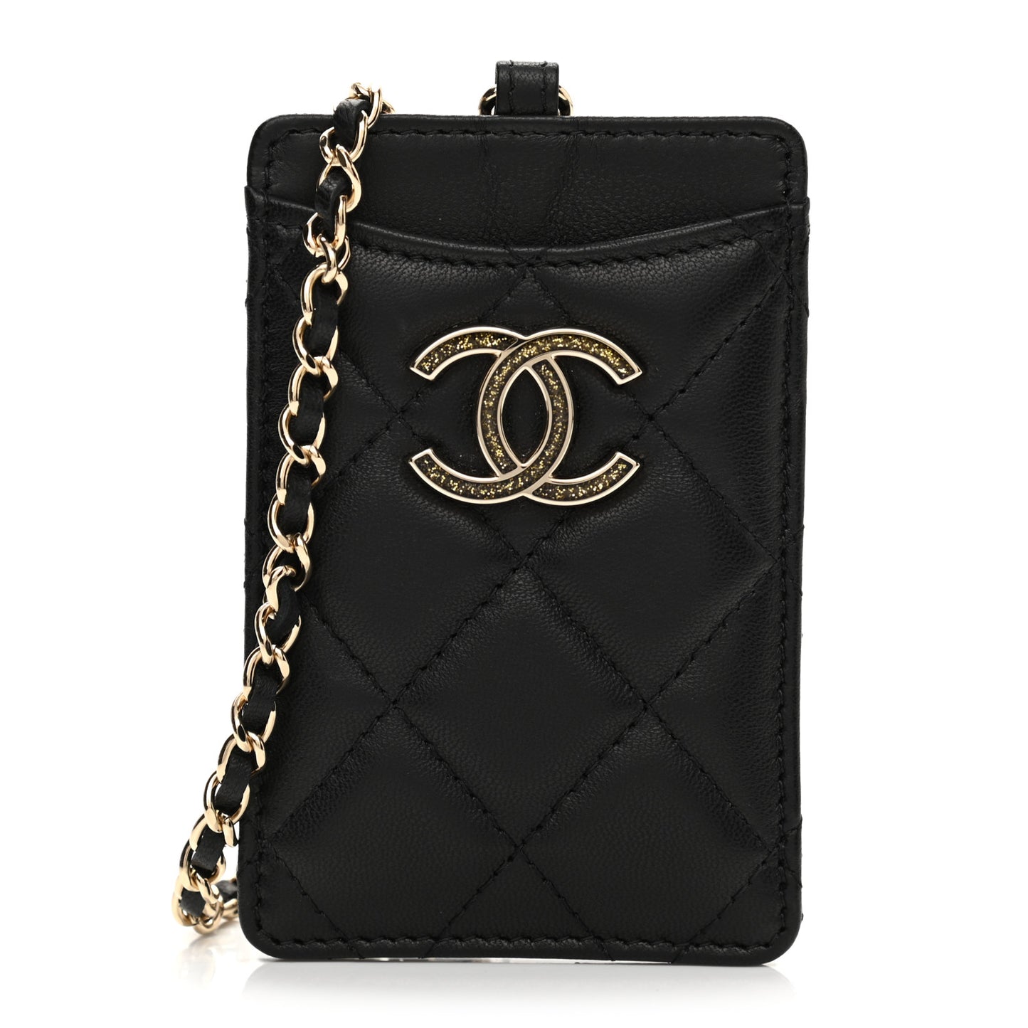 Lambskin Quilted Glitter Card Holder On Chain Black