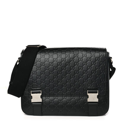 Gucci Guccissima Signature Medium Double Buckle Flap Messenger Bag Black 1 of 11