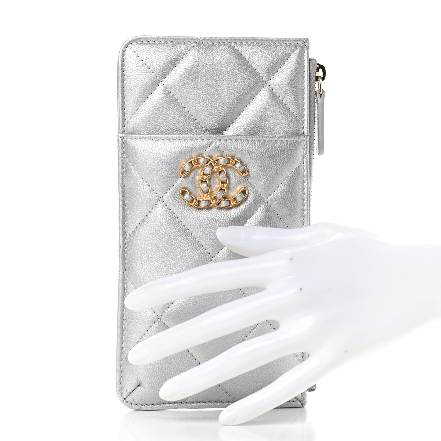 Metallic Goatskin Quilted Chanel 19 Flat Wallet Pouch Silver