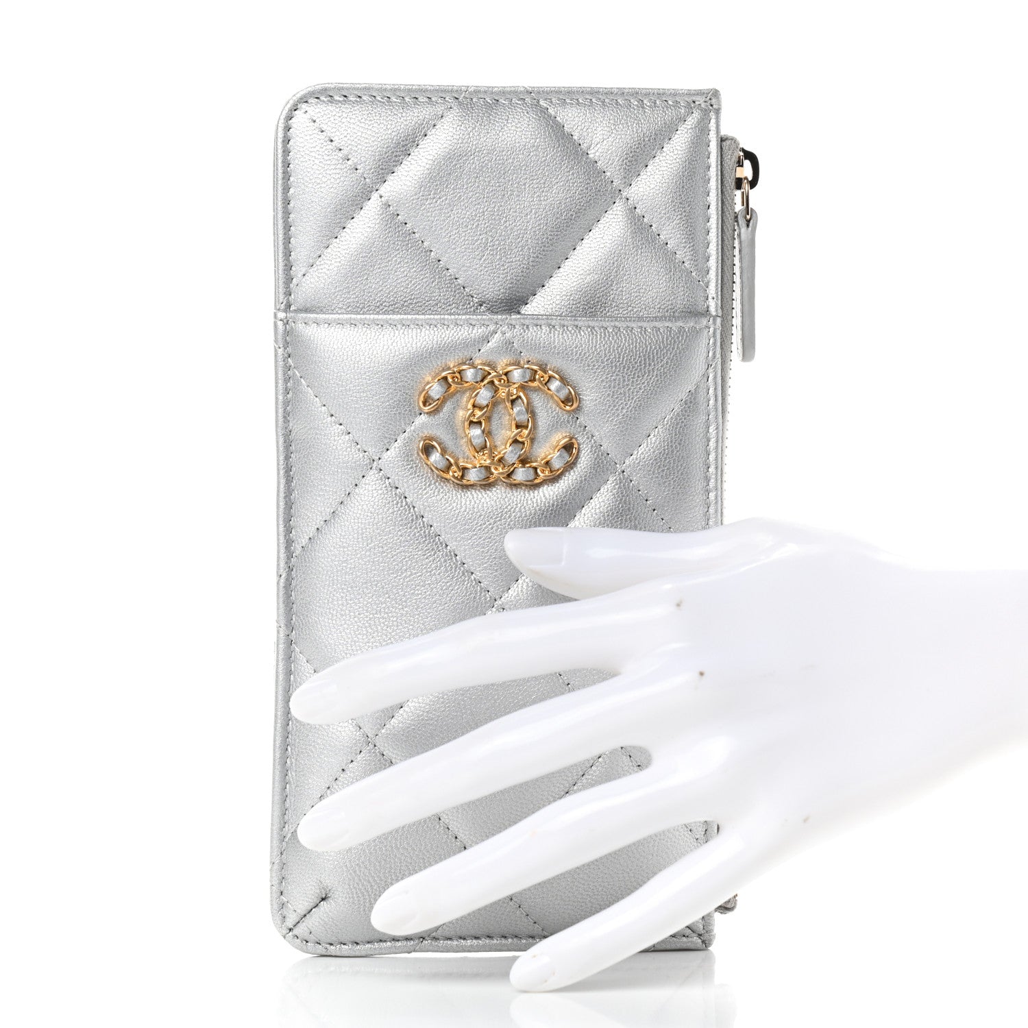 Chanel Metallic Goatskin Quilted Chanel 19 Flat Wallet Pouch Silver 2 of 7