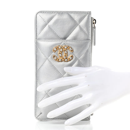 Chanel Metallic Goatskin Quilted Chanel 19 Flat Wallet Pouch Silver 2 of 7
