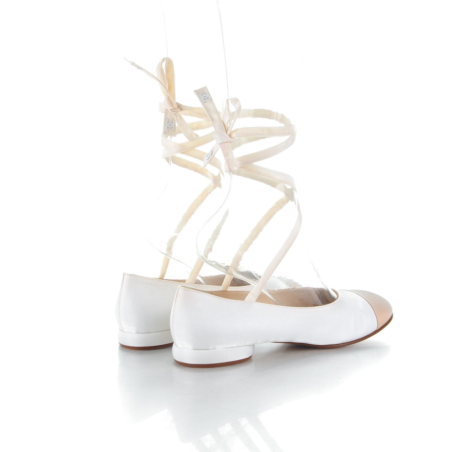 Satin Cap Toe Ballerina Ankle Wrap Flats 38 White Beige