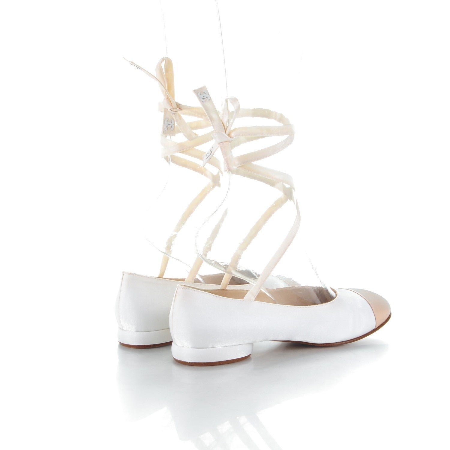 Chanel Satin Cap Toe Ballerina Ankle Wrap Flats 38 White Beige 4 of 7
