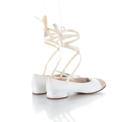 Chanel Satin Cap Toe Ballerina Ankle Wrap Flats 38 White Beige 4 of 7
