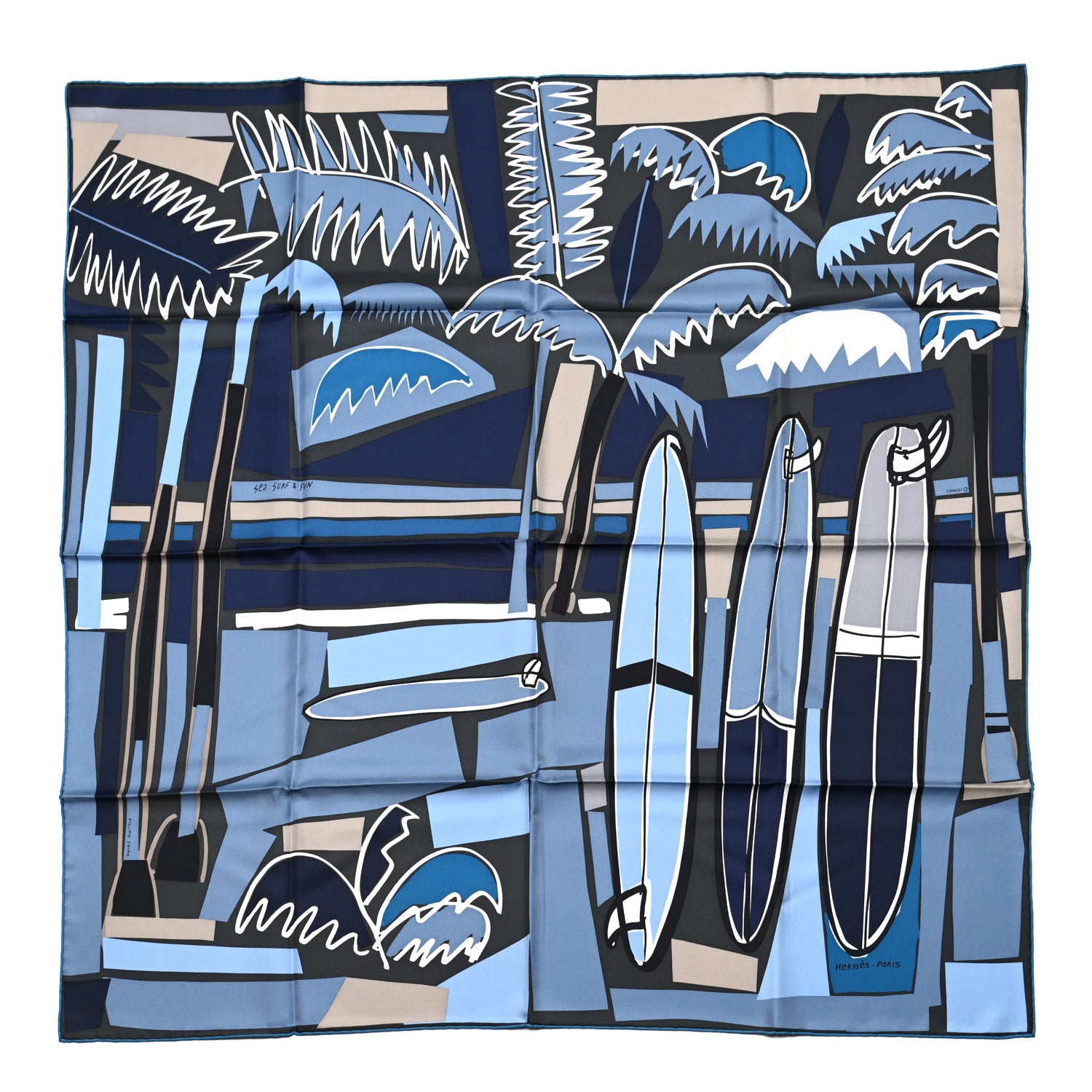 Hermes Silk Sea Surf and Fun Scarf 90 Anthracite Marine Jean 1 of 6