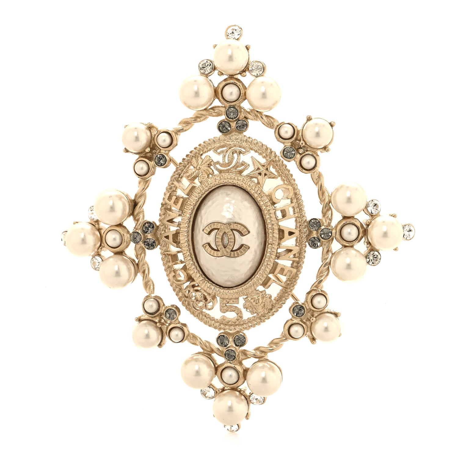 Chanel Pearl Crystal CC Brooch Gold 1 of 4