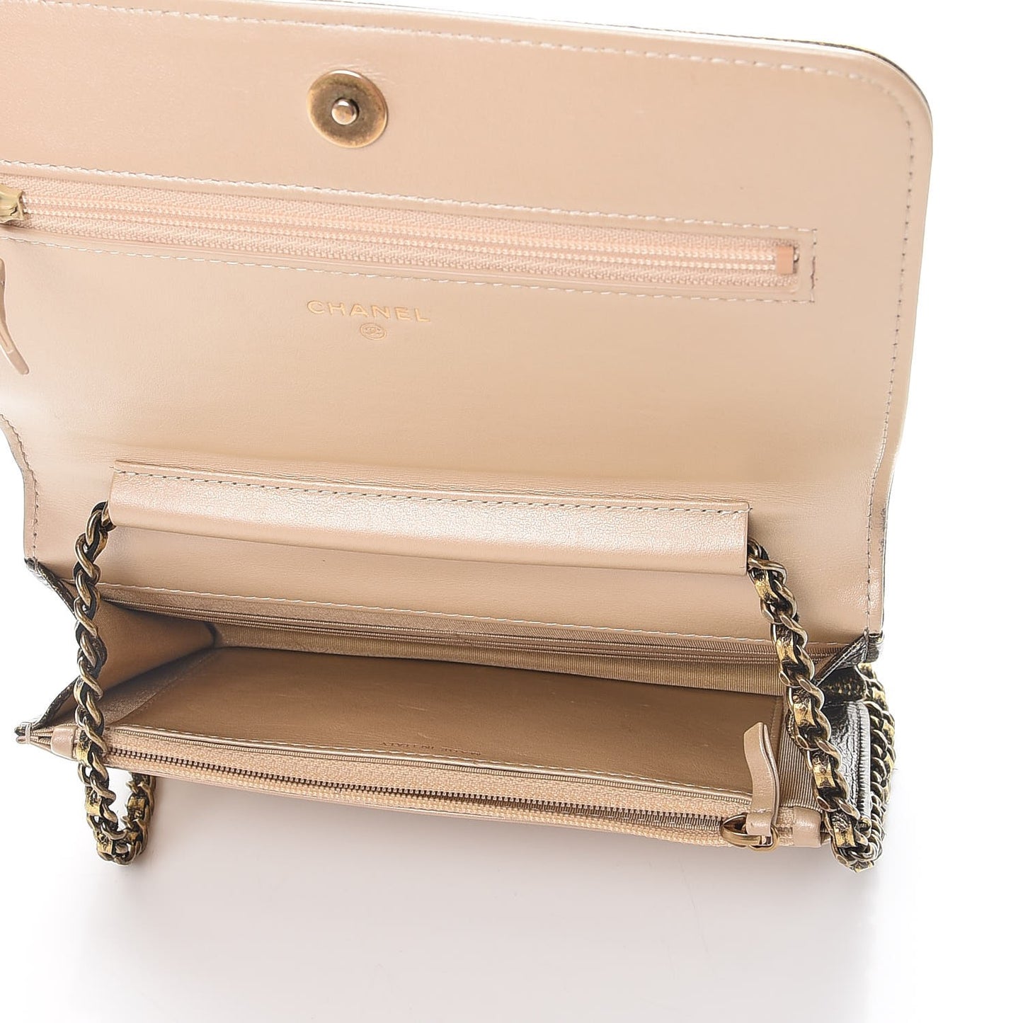 Metallic Calfskin Quilted Boy Wallet On Chain WOC Gold